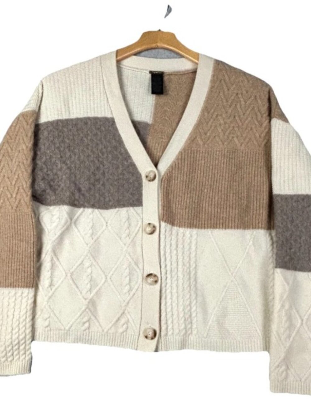 Magaschoni Womens Cashmere Cream Brown Colorblock Knit Cardigan L Boxy Cozy Luxe - Picture 3 of 11